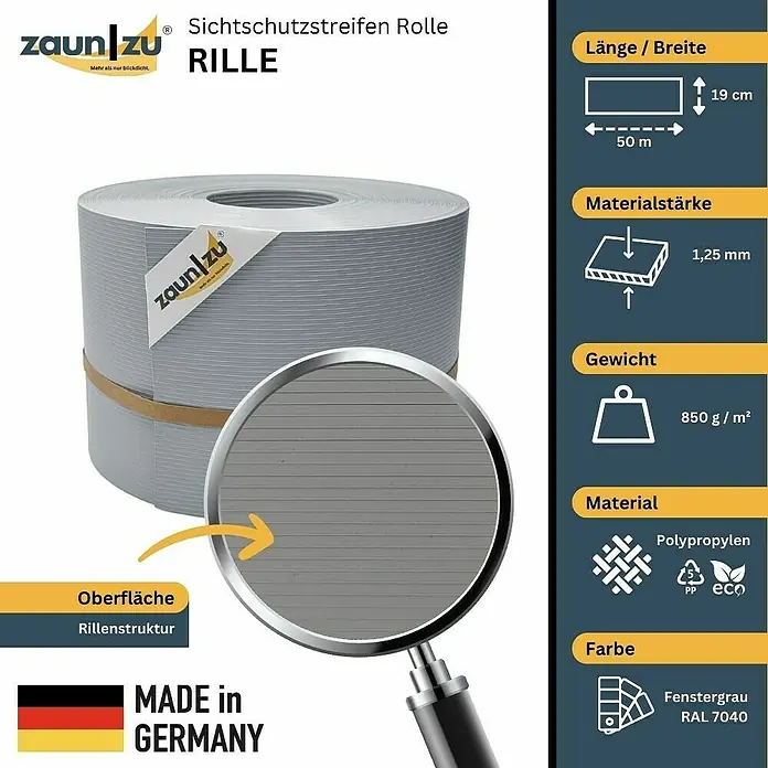 zaun|zu Sichtschutzstreifen Rille PP DSM - 50 m x 19 cm x 0,1 cm, Fenstergrau - Produktbild einer Sichtschutzstreifen Rolle "Rille" von ZaunZu. Die Rolle ist grau und hat eine gerillte Oberfläche.