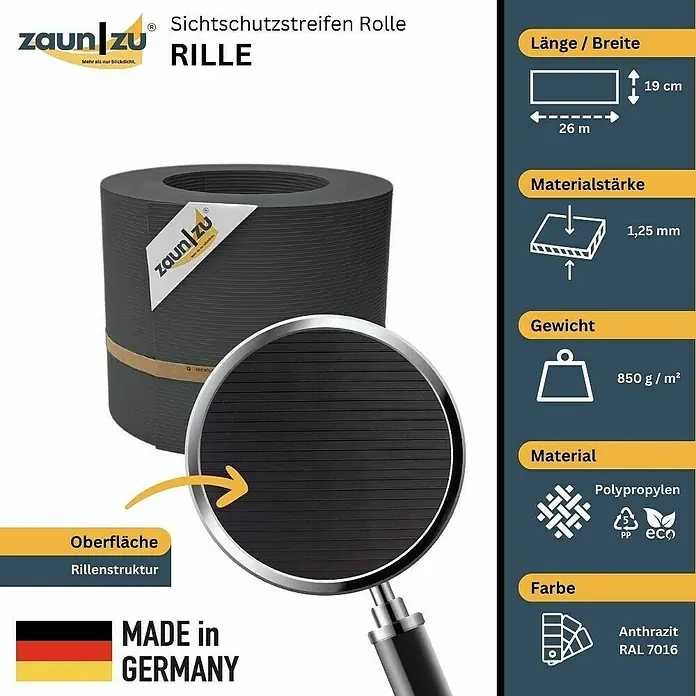 zaun|zu Sichtschutzstreifen Rille PP DSM - 26 m x 19 cm x 0,1 cm, Anthrazit - Sichtschutzstreifen Rolle "RILLE" von ZaunZu: Anthrazitfarbene Sichtschutzstreifen aus Polypropylen mit Rillenstruktur, 26 m lang und 19 cm breit.