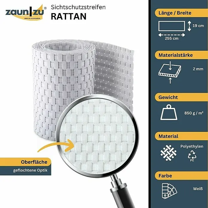 zaun|zu Sichtschutzstreifen Rattan Einzel - 2,55 m x 19 cm x 0,2 cm, Weiß - Zaunstreifen aus Rattan in Weiß, geflochtene Optik, 255 cm Länge, 19 cm Breite, Materialstärke 2 mm, Gewicht 850 g/m², aus Polyethylen.