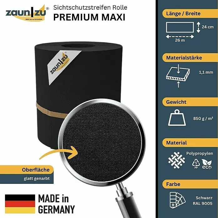 zaun|zu Sichtschutzstreifen Premium Maxi - L x B x H: 26 m x 24 cm x 0,1 cm, Tiefschwarz - Produktbild einer Zaunstreifen Rolle "Premium Maxi" in Schwarz, hergestellt in Deutschland. Die Rolle ist 24cm breit und 26m lang.