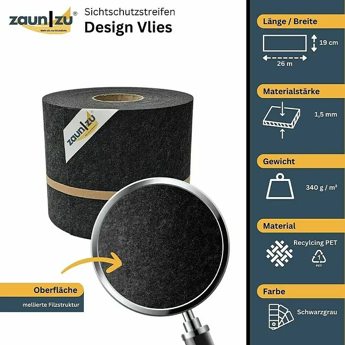zaun|zu Sichtschutzstreifen Design Schwarzgrau - 26 m x 19 cm x 0,2 cm, Schwarzgrau, 1 Stk. - Sichtschutzstreifen Design Vlies: Eine Rolle aus recyceltem PET-Material in Schwarzgrau, ideal für den Sichtschutz mit einer filzähnlichen Oberfläche.
