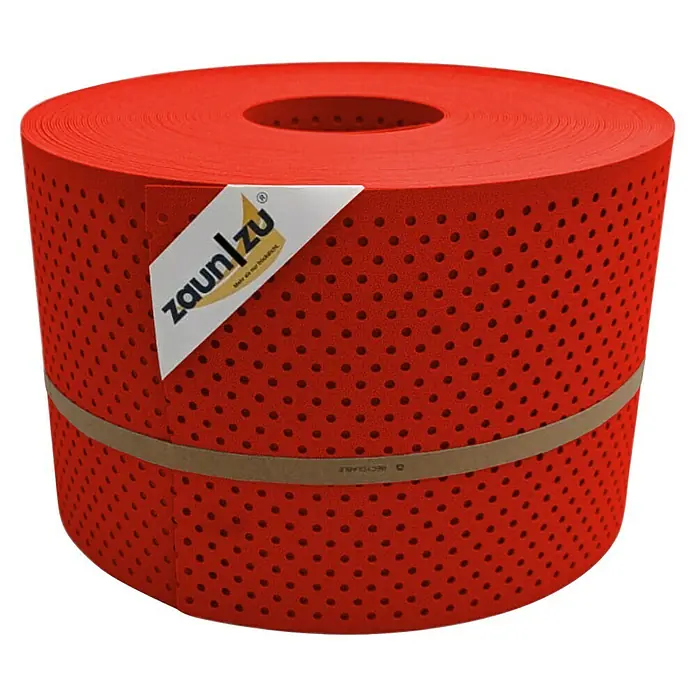 zaun|zu Sichtschutzstreifen Premium Gelocht 15% - 50 m x 19 cm x 0,1 cm, Rot - Rolle Zaunfolie in Rot mit kleinen Löchern und einem Papierband in der Mitte, ideal für den Sichtschutz.