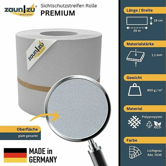zaun|zu Sichtschutzstreifen Premium DSM - 26 m x 19 cm x 0,1 cm, Lichtgrau - Sichtschutzstreifen Rolle Premium von Zaun zu, lichtgrau (RAL 7035), 26 m lang und 19 cm breit. Das Material ist Polypropylen.