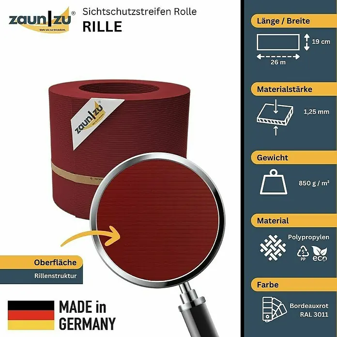 zaun|zu Sichtschutzstreifen Rille PP DSM - 26 m x 19 cm x 0,1 cm, Bordeaux - Sichtschutzstreifen Rolle RILLE, aus Polypropylen in Bordeauxrot, mit Rillenstruktur, 26m lang und 19cm breit, ideal für den Gartenzaun.