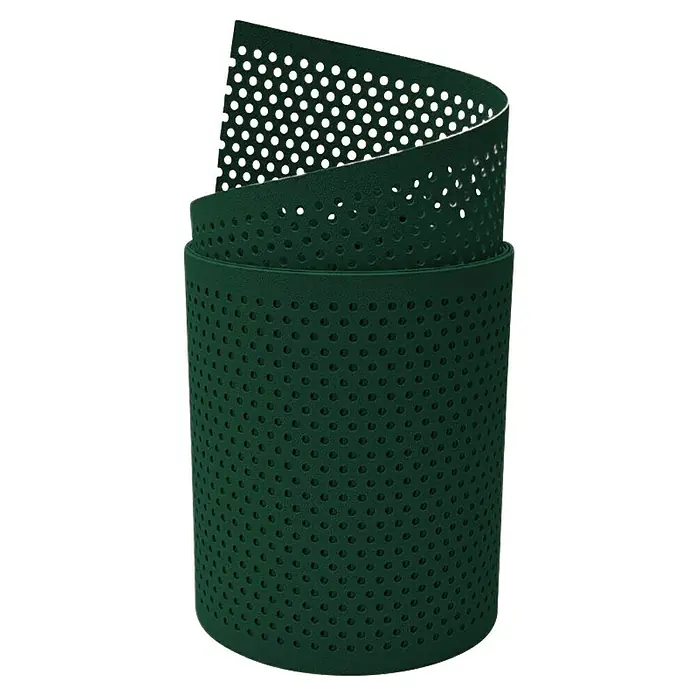 zaun|zu Sichtschutzstreifen Premium Gelocht 20% - 2,55 m x 19 cm x 0,1 cm, Grün - Abbildung eines grünen, perforierten Schallschutzes, aufgerollt und für akustische Anwendungen geeignet.