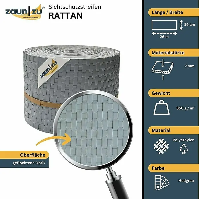 zaun|zu Sichtschutzstreifen Rattan PE - 26 m x 19 cm x 0,2 cm, Hellgrau - Sichtschutzstreifen Rattan von ZaunZu: 26 m lang, 19 cm breit, 2 mm stark, 850 g/m², Polyethylen, hellgraue geflochtene Optik.