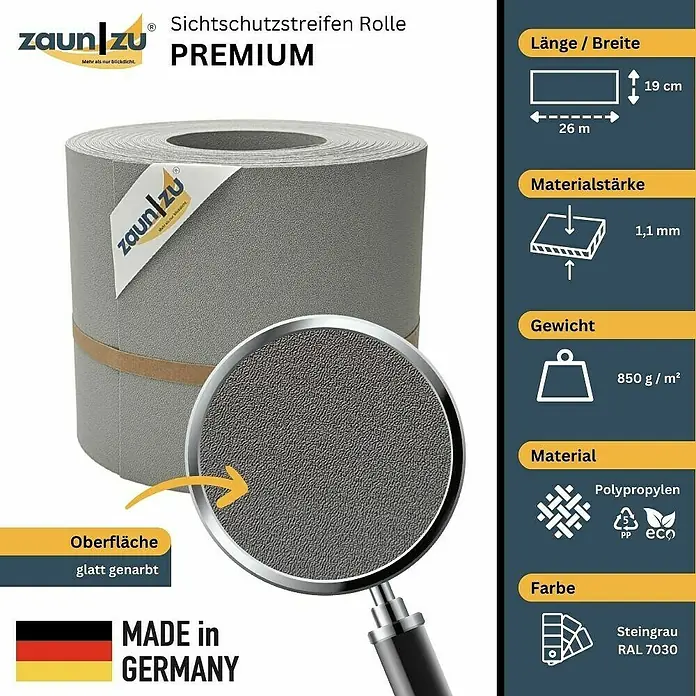 zaun|zu Sichtschutzstreifen Premium DSM - 26 m x 19 cm x 0,1 cm, Steingrau - Produktbild einer Sichtschutzstreifen-Rolle Premium von Zaun zu, Steingrau RAL 7030, aus Polypropylen, 19 cm x 26 m.