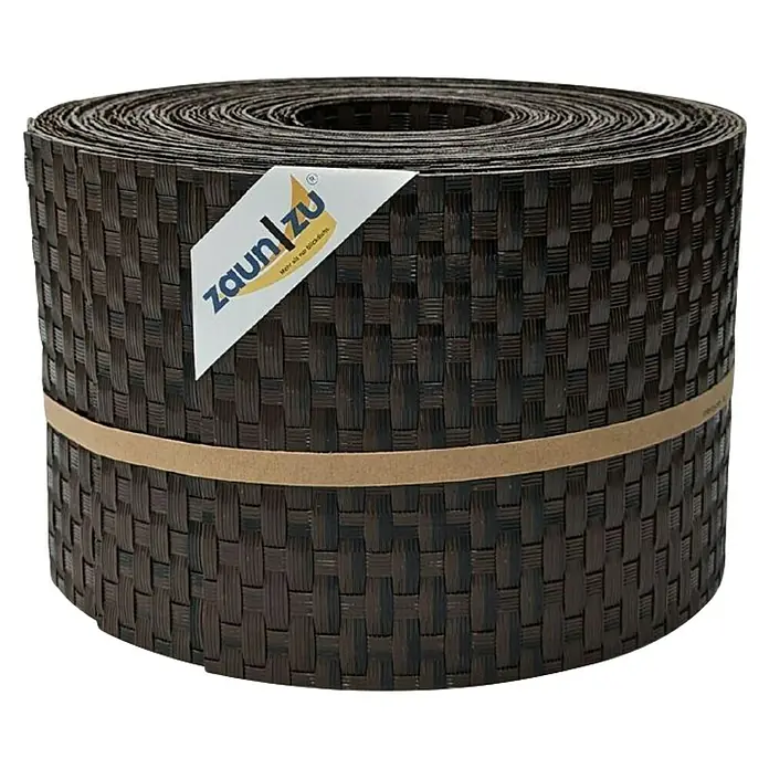 zaun|zu Sichtschutzstreifen Rattan 10 x Einzelstreifen - 25,5 m x 19 cm x 0,2 cm, Schwarzbraun - Rollzaun aus geflochtenem Kunststoff in dunkler Farbe mit Papierbanderole. Ideal für den Sichtschutz im Garten.