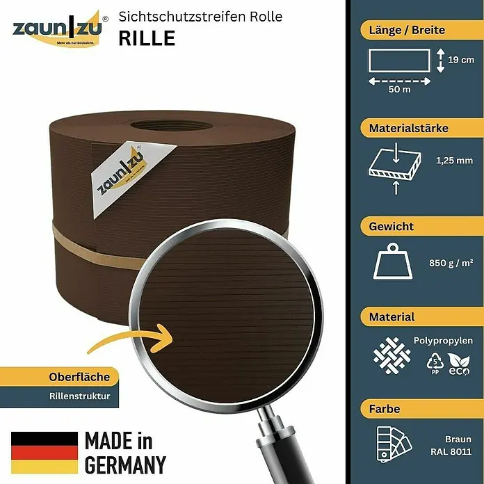 zaun|zu Sichtschutzstreifen Rille PP DSM - 50 m x 19 cm x 0,1 cm, Braun - Produktbild einer Zaunfolie RILLE in Braun, hergestellt in Deutschland, mit den Maßen 50 m x 19 cm und einer Materialstärke von 1,25 mm.