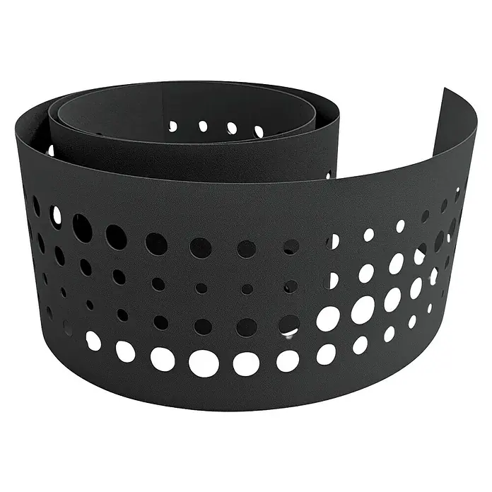 zaun|zu Sichtschutzstreifen Premium - 19 x 0,1 cm, Anthrazit, Pulse - Das Bild zeigt ein gewickeltes, perforiertes schwarzes Band. Das Band ist spiralförmig aufgerollt und hat ein Lochmuster.