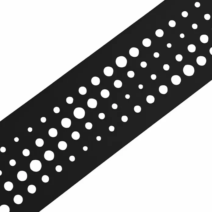zaun|zu Sichtschutzstreifen Premium - 19 x 0,1 cm, Schwarz, Pulse - Schwarzer Stoffstreifen mit weißen Punkten unterschiedlicher Größe, diagonal auf weißem Grund angeordnet.