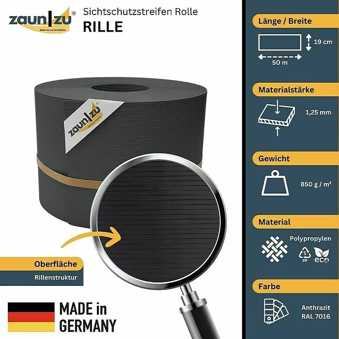 zaun|zu Sichtschutzstreifen Rille PP DSM - 50 m x 19 cm x 0,1 cm, Anthrazit - Zaunstreifen-Rolle "Rille" in Anthrazit. Sichtschutz für Zäune, 50m lang, 19cm breit, aus Polypropylen mit Rillenstruktur. Made in Germany.
