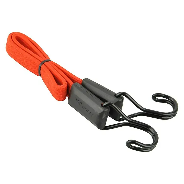 Gummispannseil - Länge: 60 cm, Zurrkraft: 40 kg - Nahaufnahme eines orangefarbenen Gepäckspanners mit schwarzen Haken und einem Halteclip für die Befestigung von Gegenständen.