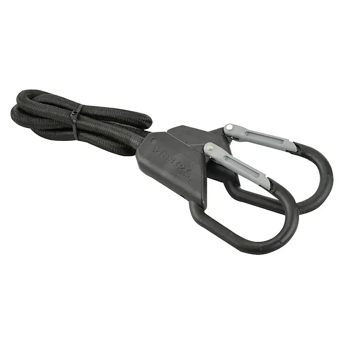 Gummispannseil - Länge: 80 cm, Zurrkraft: 65 kg - Nahaufnahme eines Master Lock Bungee-Seils mit zwei Karabinern, ideal zum Sichern von Ausrüstung oder Gepäck. Vielseitiges Werkzeug!