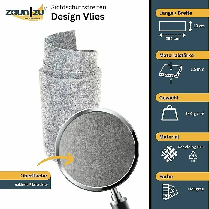 zaun|zu Sichtschutzstreifen Zaunzubehör Design DSM - 19 x 0,1 cm, Hellgrau - Sichtschutzstreifen Design Vlies von Zaun zu, hellgrau, aus Recycling PET, 255cm lang, 19cm breit und 1,5mm stark mit mellierter Filzstruktur.