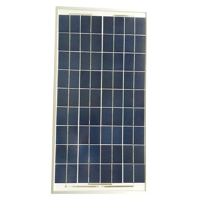 Sunset Solarmodul SM 30 - Nennleistung: 30 W, L x B x H: 67,5 x 34,5 x 2 cm - Das Bild zeigt ein rechteckiges Solarmodul mit vielen kleinen Solarzellen, das in einem weißen Rahmen eingefasst ist.