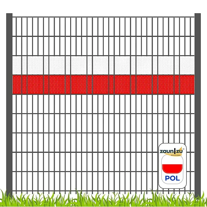 zaun|zu Sichtschutzstreifen Polen - 2,55 m x 19 cm x 0,1 cm, Rot/Weiß, Volle Streifenbreite Gelocht - Abbildung eines Zauns mit Sichtschutzstreifen in den Farben der polnischen Flagge.