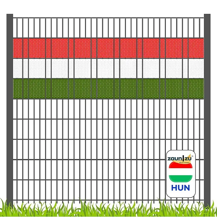 zaun|zu Sichtschutzstreifen Akzent-Sichtschutzstreifen in den Landesfarben von Ungarn - 2,55 m x 0,1 cm x 19 cm, Blau/Rot/Weiß, Ungarn, Volle Streifenbreite Gelocht - Zaun mit Sichtschutzstreifen in den Farben der ungarischen Flagge, mit "zaun zu" Logo und "HUN" Aufkleber.