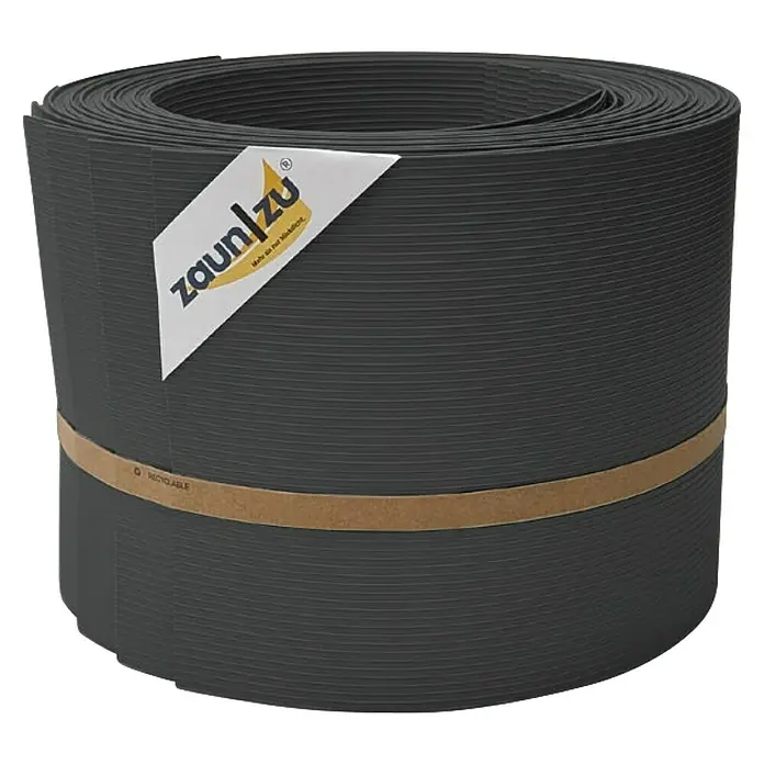 zaun|zu Sichtschutzstreifen Rille 10 x Einzelstreifen - 25,5 m x 19 cm x 0,1 cm, Anthrazit - Zaunfolie Rolle mit braunem Band und Firmenlogo. Die Zaunfolie bietet mehr Privatsphäre und ist wiederverwertbar.