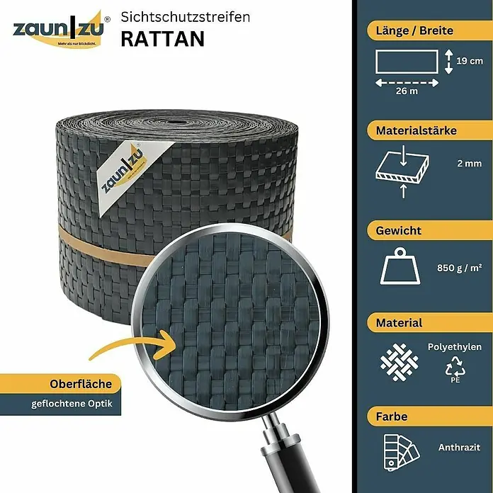 zaun|zu Sichtschutzstreifen Rattan PE - 26 m x 19 cm x 0,2 cm, Anthrazit - Produktabbildung der Sichtschutzstreifen "Rattan" von ZaunZu in Anthrazit, gefertigt aus Polyethylen. Die Rolle ist 26 m lang und 19 cm breit.