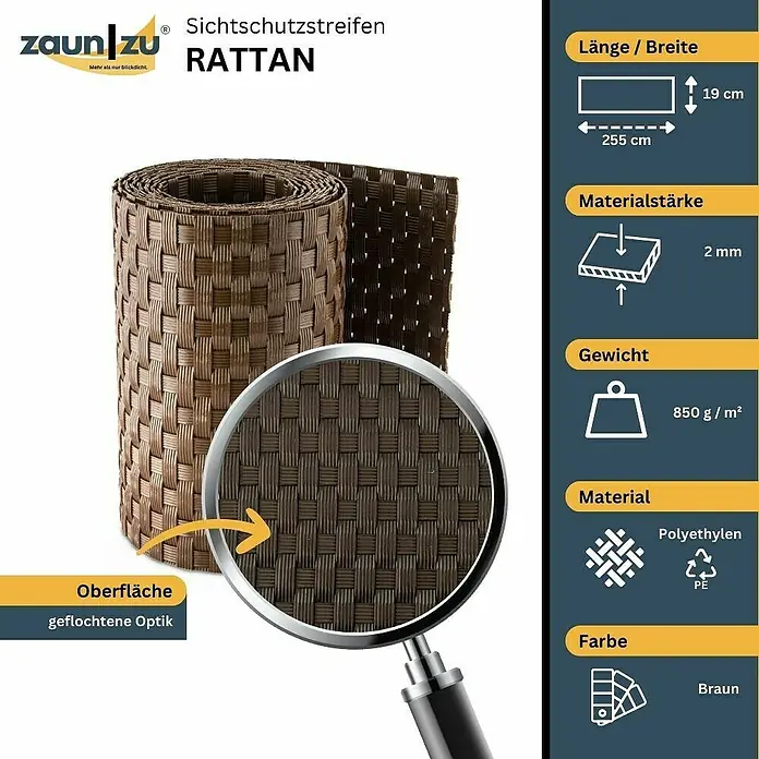 zaun|zu Sichtschutzstreifen Rattan Einzel - 2,55 m x 19 cm x 0,2 cm, Braun - Zaunstreifen Rattan: Sichtschutzstreifen aus geflochtenem Polyethylen, braun, 255x19cm, 2mm stark, 850g/m², ideal für den Gartenzaun.