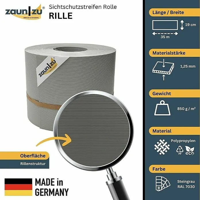 zaun|zu Sichtschutzstreifen Rille - 35 m x 19 cm x 0,1 cm, Steingrau - Sichtschutzstreifen Rolle "RILLE" von ZaunZu. Die Rolle ist aus Polypropylen, steingrau (RAL 7030), 35 m lang und 19 cm breit.