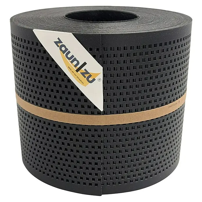 zaun|zu Sichtschutzstreifen Polyal Eco Quadratisch Gelocht - 26 m x 19 cm x 0,1 cm, Schwarz - Nahaufnahme einer Rolle Zaunblende von Zaunblende, die Sichtschutz und Privatsphäre bietet.\n