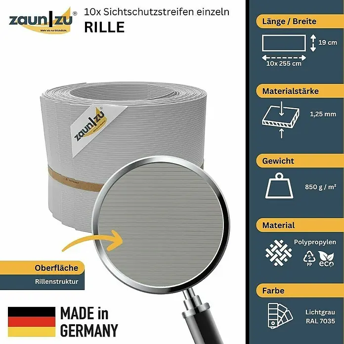 zaun|zu Sichtschutzstreifen Rille 10 x Einzelstreifen - 25,5 m x 19 cm x 0,1 cm, Lichtgrau - Produktbild der grauen Zaunstreifen "Rille" von Zaun zu. Die Sichtschutzstreifen sind 19 cm breit und 255 cm lang.