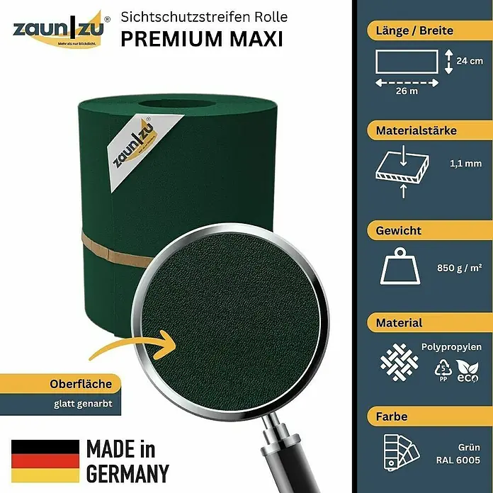 zaun|zu Sichtschutzstreifen Premium Maxi - L x B x H: 26 m x 24 cm x 0,1 cm, Grün - Zaunstreifenrolle Premium Maxi: 26m lang, 24cm breit, 1,1mm dick, 850 g/m², Polypropylen, Farbe Grün RAL 6005, glatte Oberfläche, hergestellt in Deutschland.