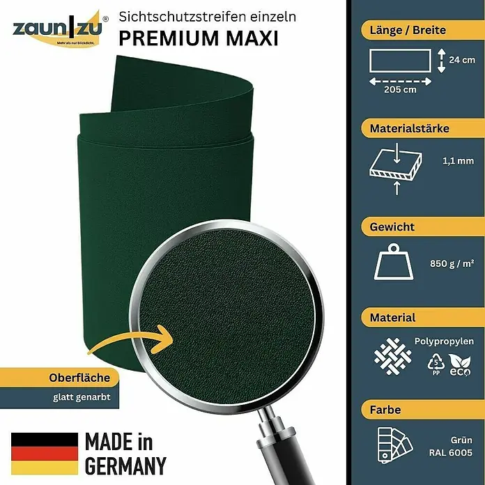 zaun|zu Sichtschutzstreifen Premium Maxi - L x B x H: 2,05 m x 24 cm x 0,1 cm, Grün - Abbildung eines Zaunblende Premium Maxi in Grün. Das Produkt ist 205 cm lang und 24 cm breit, aus Polypropylen gefertigt und in Deutschland hergestellt.