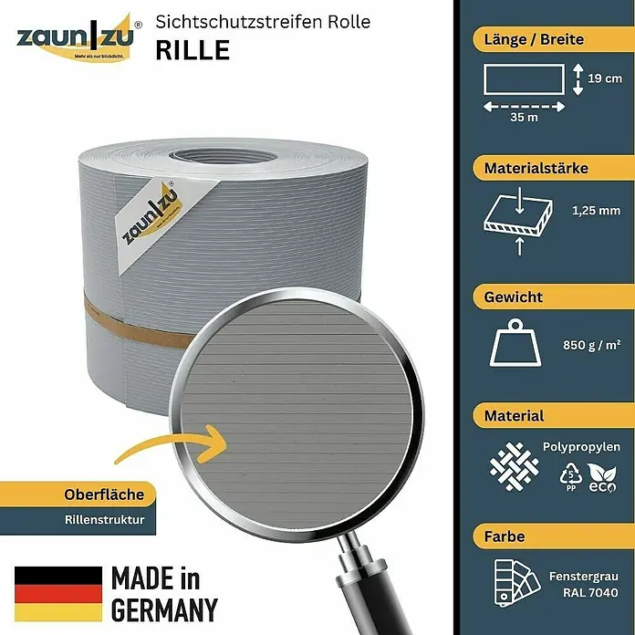 zaun|zu Sichtschutzstreifen Rille - 35 m x 19 cm x 0,1 cm, Fenstergrau - Zaunstreifen-Rolle "Rille" in Fenstergrau (RAL 7040) mit Rillenstruktur. Sichtschutz aus Polypropylen, 35 m lang, 19 cm breit, 1,25 mm stark.