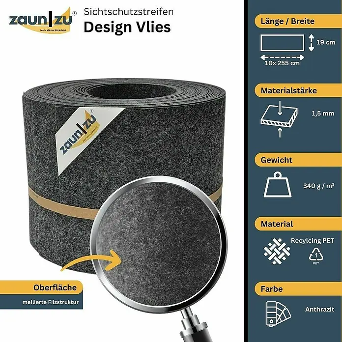 zaun|zu Sichtschutzstreifen Design Anthrazit - 2,55 m x 19 cm x 0,2 cm, Anthrazit, 10 Stk. - Sichtschutzstreifen Design Vlies: Anthrazitfarbener Sichtschutz aus Recycling PET, 19cm breit, 1,5mm stark, für Zaun.