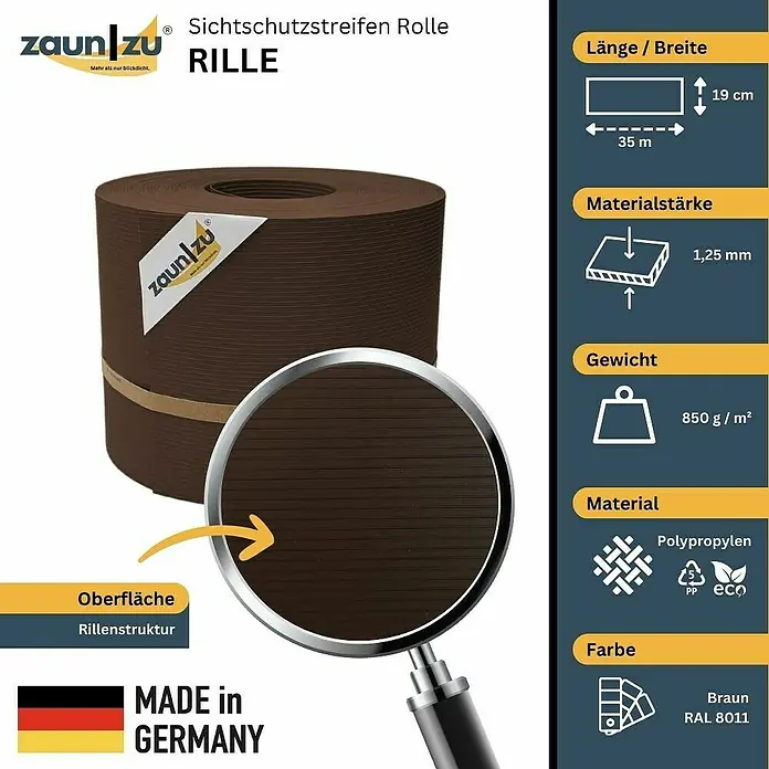 zaun|zu Sichtschutzstreifen Rille - 35 m x 19 cm x 0,1 cm, Braun - Bild einer Zaunfolie "Rille" von Zaun zu, braun, 35 m lang, 19 cm breit, 1,25 mm dick, 850 g/m², aus Polypropylen, Made in Germany.