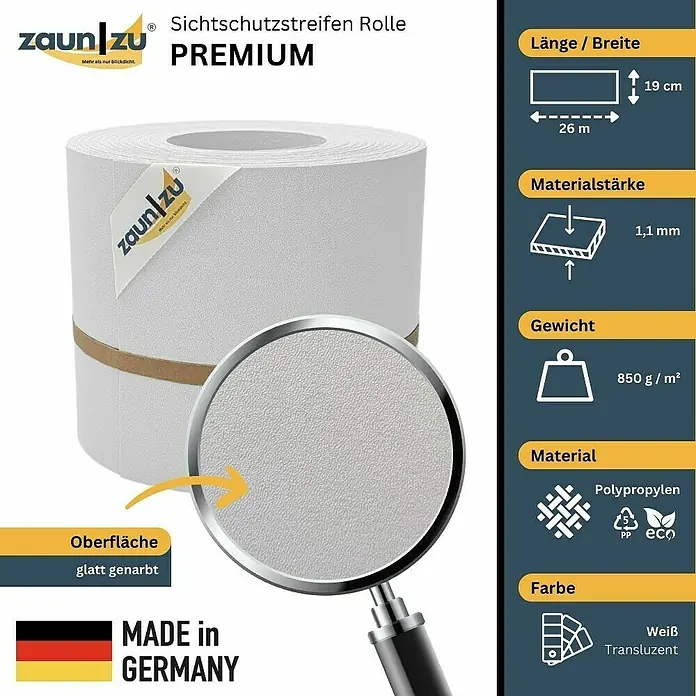 zaun|zu Sichtschutzstreifen Premium DSM - 26 m x 19 cm x 0,1 cm, Weiß transluzent - Zaunstreifenrolle "Premium" in Weiß transluzent mit den Maßen 26 m x 19 cm, Material Polypropylen, Gewicht 850 g/m², Materialstärke 1,1 mm.