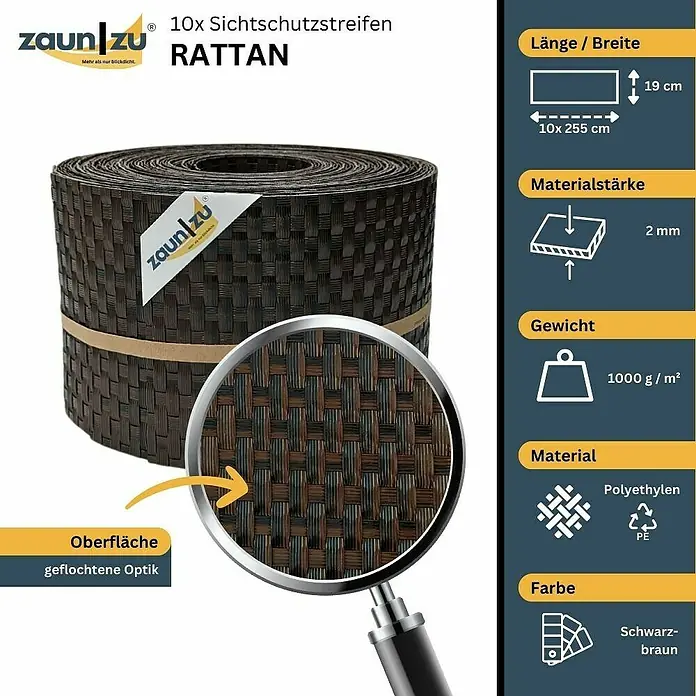 zaun|zu Sichtschutzstreifen Rattan 10 x Einzelstreifen - 25,5 m x 19 cm x 0,2 cm, Schwarzbraun - Produktabbildung von ZaunZu Rattan Sichtschutzstreifen, 10 Stück. Das Material ist Polyethylen und in Schwarzbraun gehalten.
