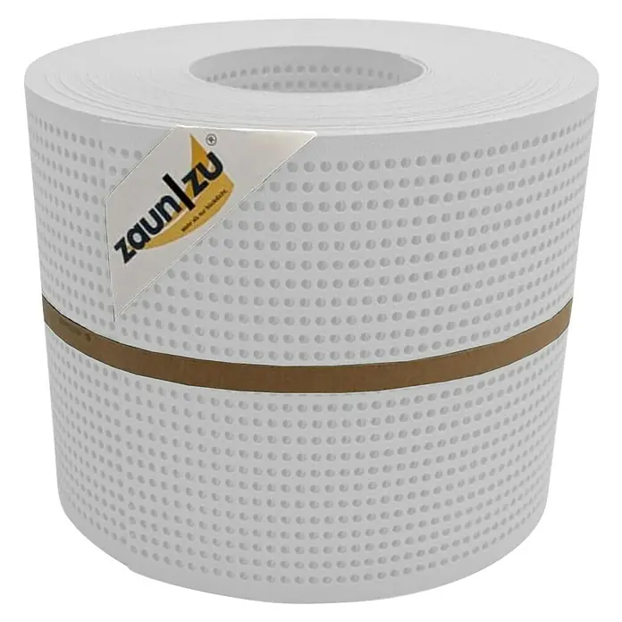 zaun|zu Sichtschutzstreifen Premium Gelocht - 26 m x 19 cm x 0,1 cm, Weiß transluzent - Nahaufnahme einer Zaunrolle mit braunem Band und Etikett. Ideal zum Befüllen von Doppelstabmattenzäunen für mehr Privatsphäre.