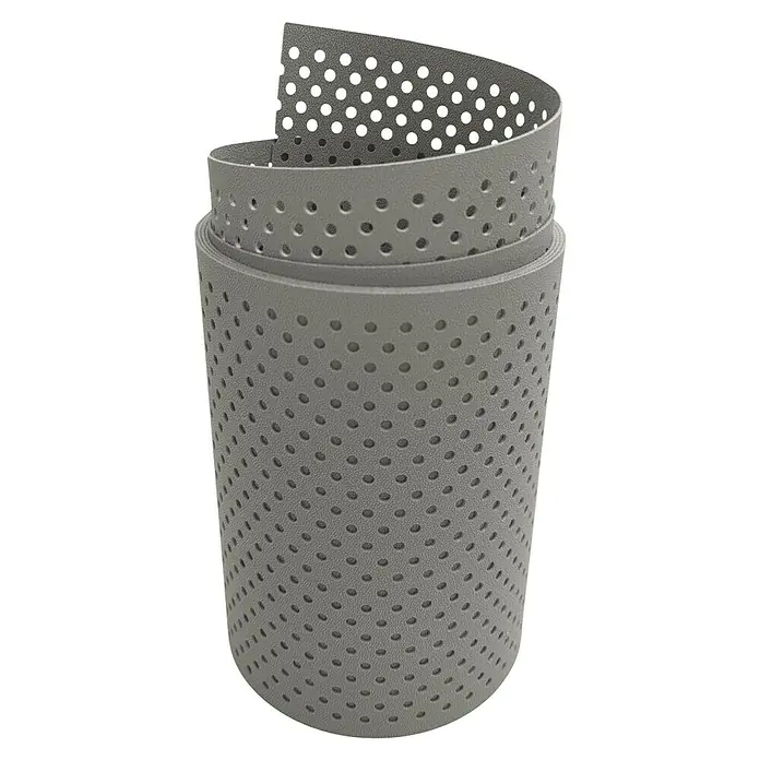 zaun|zu Sichtschutzstreifen Premium Gelocht 15% - 2,55 m x 19 cm x 0,1 cm, Steingrau - Das Bild zeigt eine perforierte, graue Gummirolle, die für verschiedene Anwendungen geeignet ist.