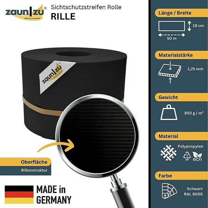 zaun|zu Sichtschutzstreifen Rille PP DSM - 50 m x 19 cm x 0,1 cm, Schwarz - Sichtschutzstreifen Rolle von Zaun zu, Modell Rille, aus Polypropylen in Schwarz (RAL 9005), Maße: 50 m x 19 cm, Materialstärke: 1,25 mm, Gewicht: 850 g/m².