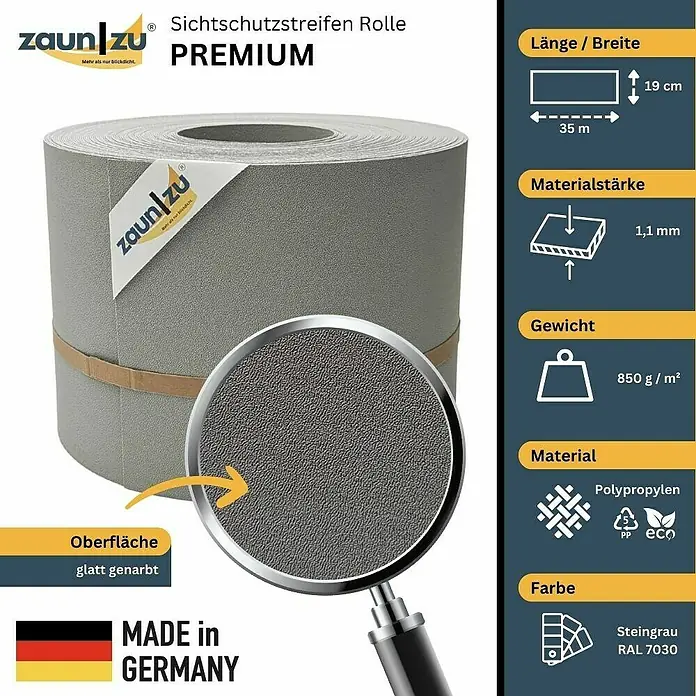 zaun|zu Sichtschutzstreifen Premium 35 m Rolle - 35 m x 19 cm x 0,1 cm, Steingrau - Sichtschutzstreifen Rolle Premium von Zaun zu. Die Rolle ist aus Polypropylen, steingrau, 35 m lang und 19 cm breit.