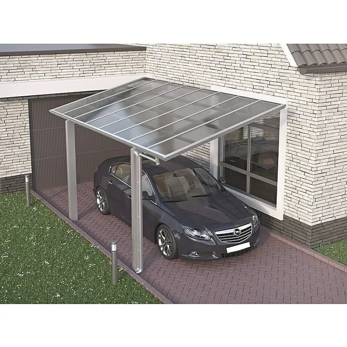 Ximax Carport LINEA 80 - Außenmaß inkl. Dachüberstand (B x T): 2,73 x 4,95 m, Einzelcarport, Edelstahloptik - Ein modernes Carport aus Aluminium und Polycarbonat schützt ein dunkles Auto vor Witterungseinflüssen. Das Carport ist stilvoll und funktional.