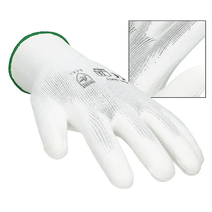 ECD Germany Arbeitshandschuhe 4er Set Mechanikerhandschuhe Größe: XXL atmungsaktiv & rutschfest - Weiß, Polyester - Nahaufnahme eines weißen Arbeitshandschuhs mit grünem Bündchen, der Schutz und Komfort bei verschiedenen Aufgaben bietet.