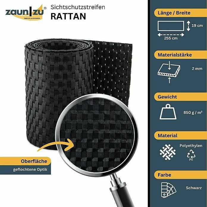 zaun|zu Sichtschutzstreifen Rattan Einzel - 2,55 m x 19 cm x 0,2 cm, Schwarz - Produktbild der schwarzen "Zaun zu" Rattan-Sichtschutzstreifen, mit Angabe von Material, Oberfläche, Maße und Gewicht.