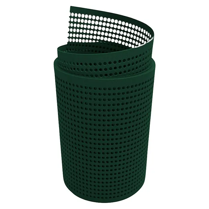 zaun|zu Sichtschutzstreifen Premium Gelocht - 2,55 m x 19 cm x 0,1 cm, Grün - Ein grüner, gelochter Abfallbehälter aus Metall, der spiralförmig aufgerollt ist und ein modernes Design aufweist.