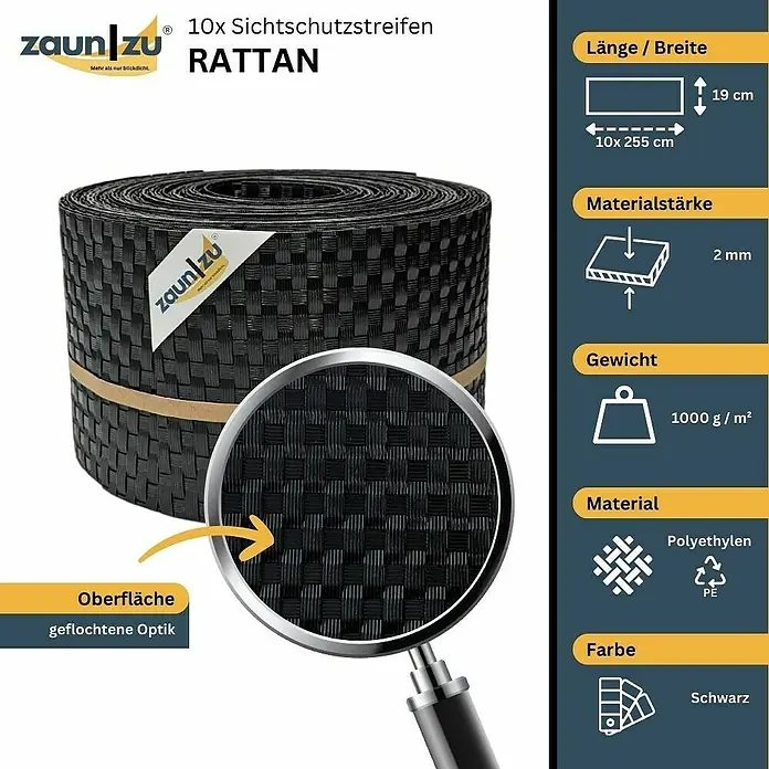 zaun|zu Sichtschutzstreifen Rattan 10 x Einzelstreifen - 25,5 m x 19 cm x 0,2 cm, Schwarz - Bild von 10 schwarzen Sichtschutzstreifen aus Rattan, 19 cm breit, 2 mm dick, Material Polyethylen und geflochtene Optik.