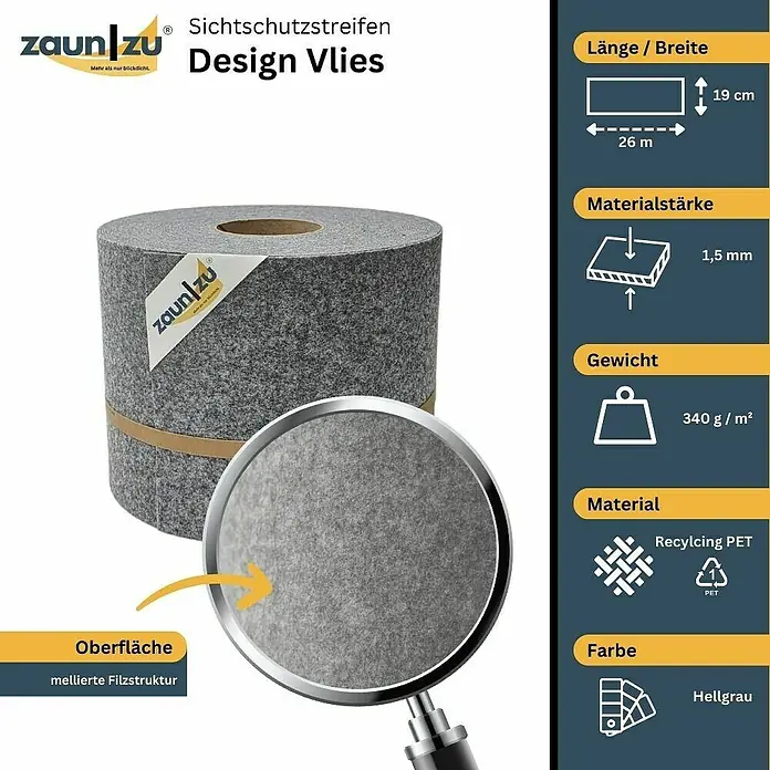 zaun|zu Sichtschutzstreifen Design Hellgrau - 26 m x 19 cm x 0,2 cm, Hellgrau, 1 Stk. - Produktbild von ZaunZUs Design Vlies Sichtschutzstreifen: 26m lang, 19cm breit, 1,5mm dick, 340 g/m² Gewicht, Recycling PET, hellgraue Filzstruktur.
