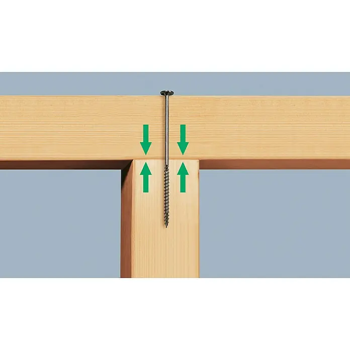 Spax Tellerkopfschraube HI.FORCEØ x L: 8 x 120 mm, WIROX Oberfläche, T-Star plus, 1 Stk. - Ansicht einer Holzkonstruktion, die mit einer Schraube und grünen Pfeilen versehen ist, um die Richtung der Befestigung anzuzeigen.