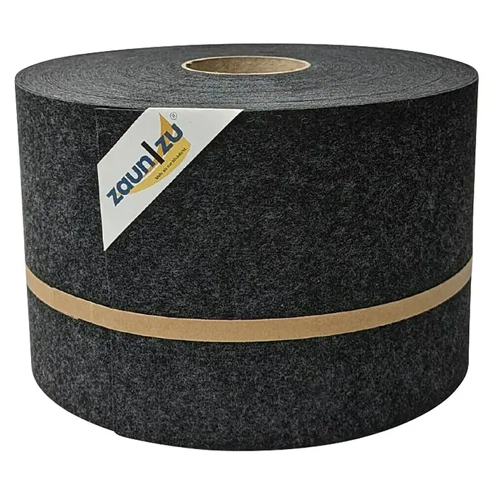 zaun|zu Sichtschutzstreifen Design Schwarzgrau - 35 m x 19 cm x 0,2 cm, Schwarzgrau, 1 Stk. - Nahaufnahme einer Zaun/Zu Sichtschutzrolle in Anthrazit mit einem braunen Halteband und dem Zaun/Zu-Logo.