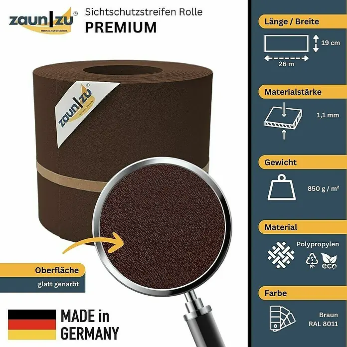 zaun|zu Sichtschutzstreifen Premium DSM - 26 m x 19 cm x 0,1 cm, Braun - Produktbild einer Rolle Premium Sichtschutzstreifen in Braun, Made in Germany. Länge 26m, Breite 19cm, Materialstärke 1,1mm, Gewicht 850g/m², Polypropylen.