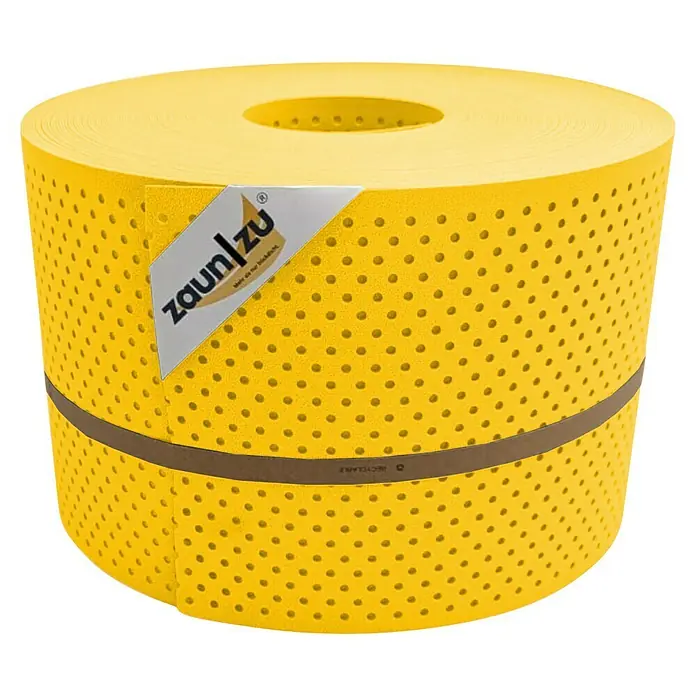 zaun|zu Sichtschutzstreifen Premium Gelocht 15% - 50 m x 19 cm x 0,1 cm, Gelb - Nahaufnahme einer Rolle Zaunfolie in Gelb mit braunem Band, die zum einfachen Anbringen am Gartenzaun entwickelt wurde.