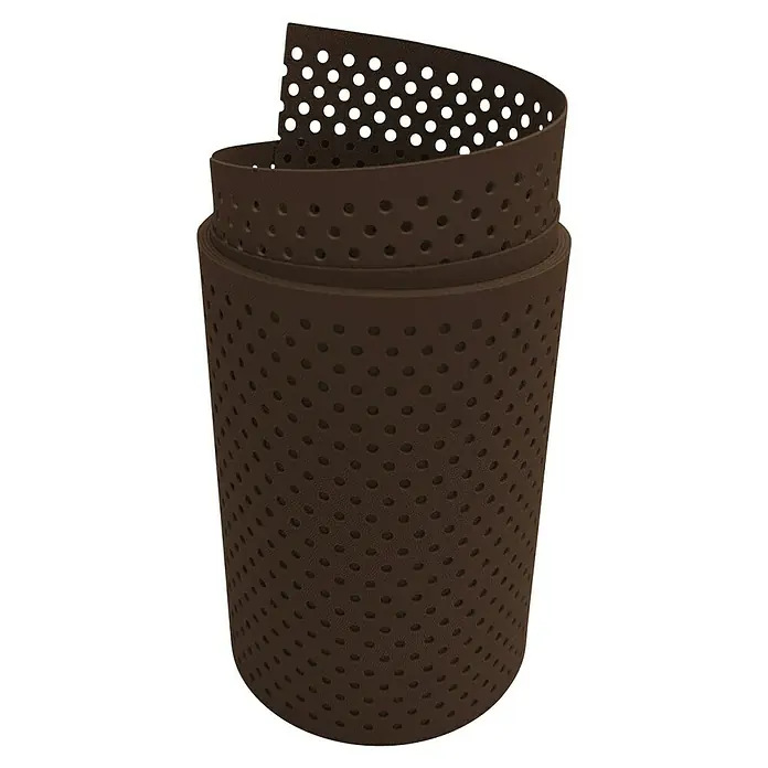 zaun|zu Sichtschutzstreifen Premium Gelocht 15% - 2,55 m x 19 cm x 0,1 cm, Braun - Nahaufnahme einer braunen, perforierten Gummibandrolle, die sich aufrollt. Ideal für Bastelprojekte oder industrielle Anwendungen.